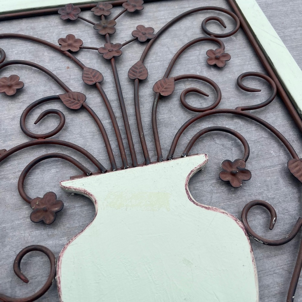 Rustic Mint Green Wood and Metal Floral Vase Wall Art Plaque Farmhouse Decor - Picture 5 of 6